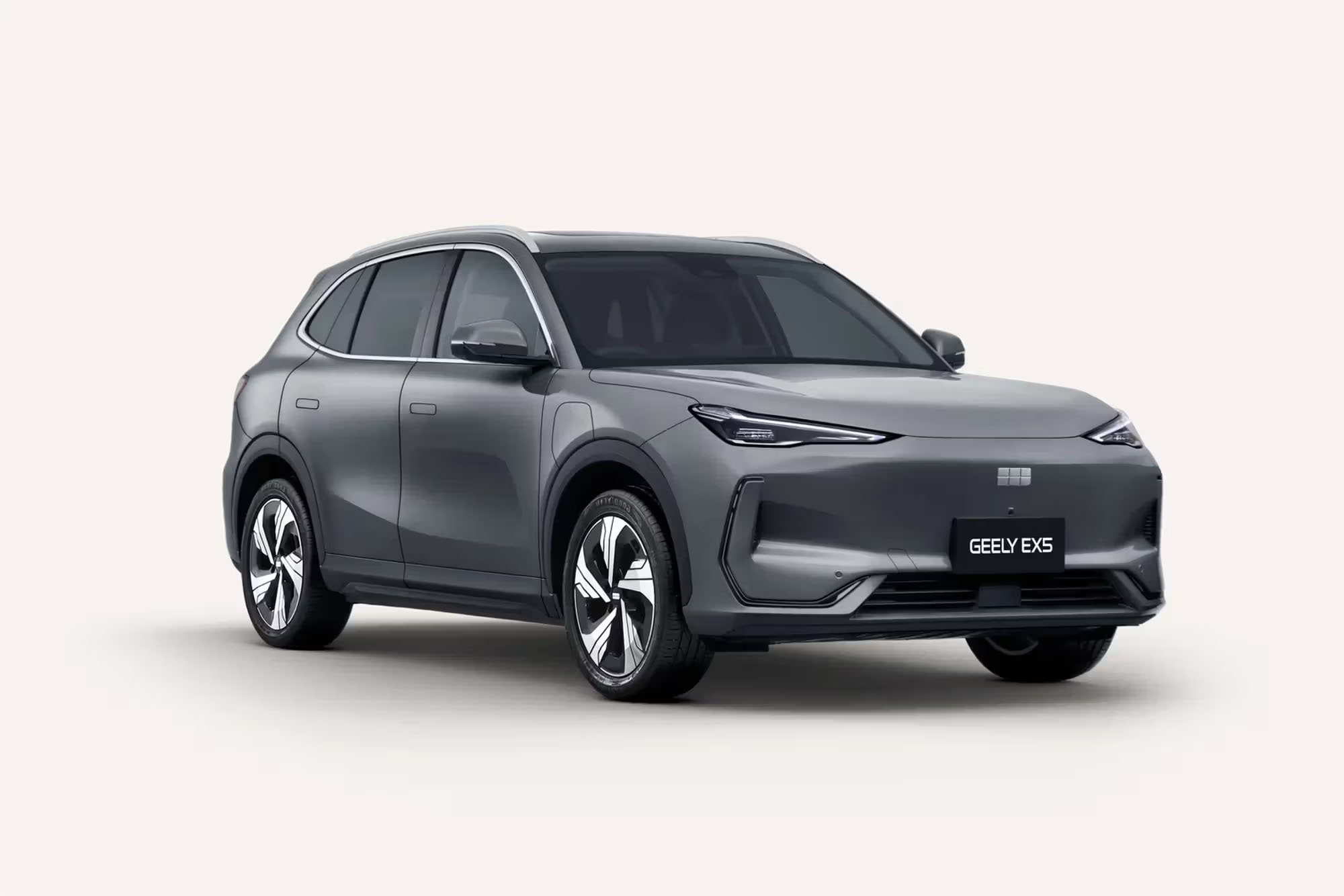 Front 3/4 render of a Geely with a Volcanic Grey paint finish