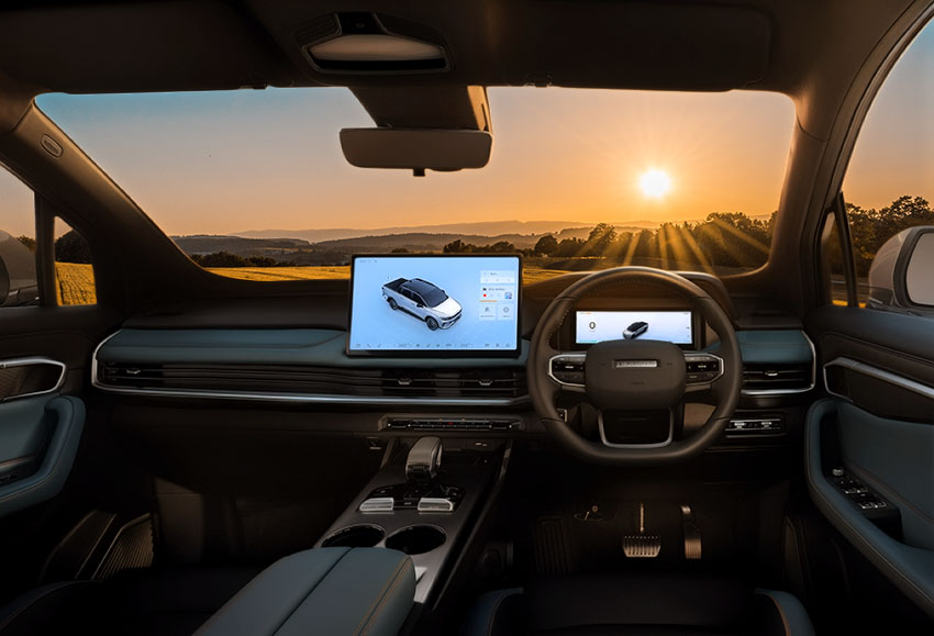 Right hand drive interior of a Riddara during sunset