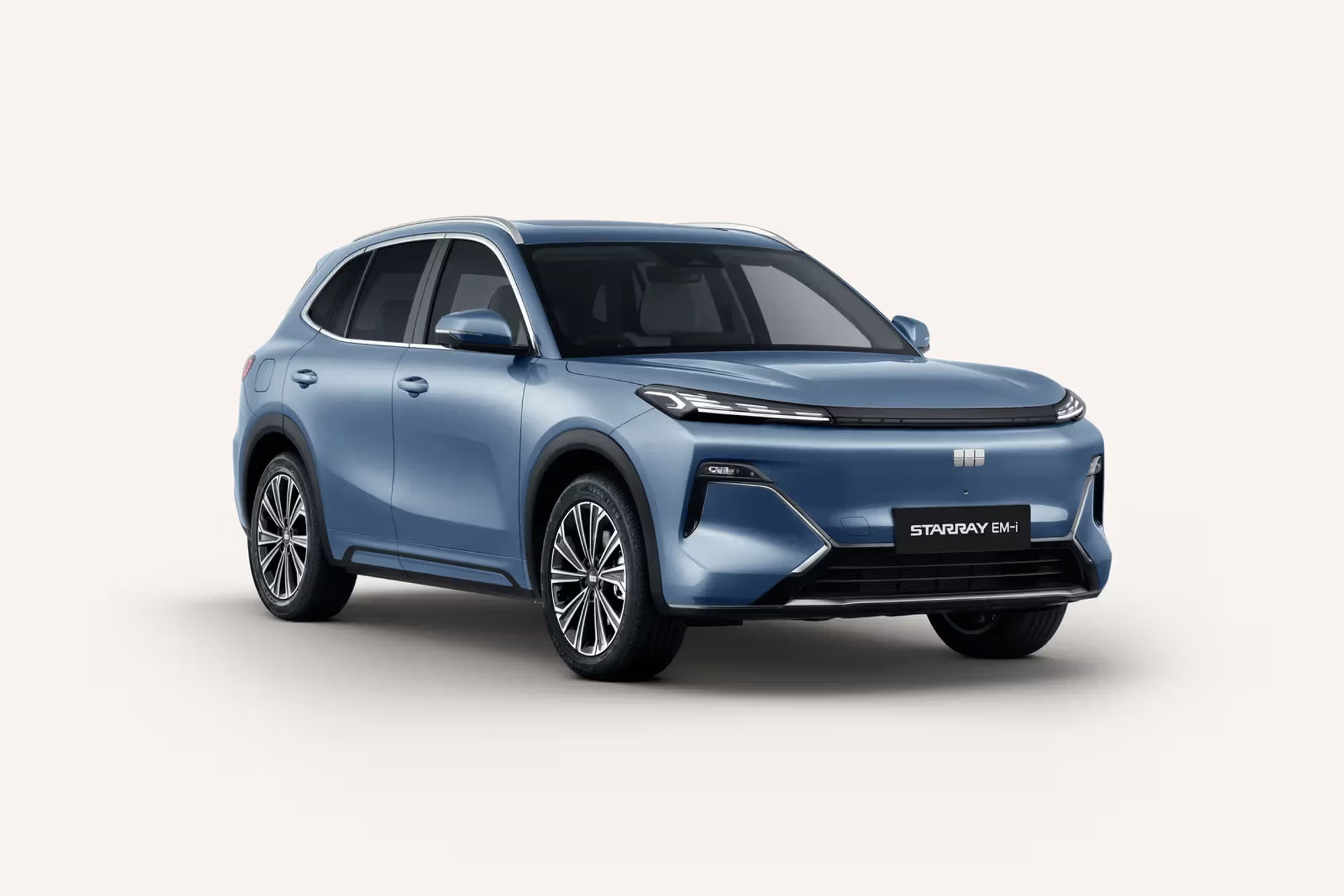 Front 3/4 render of a Geely with a Glacier Blue paint finish