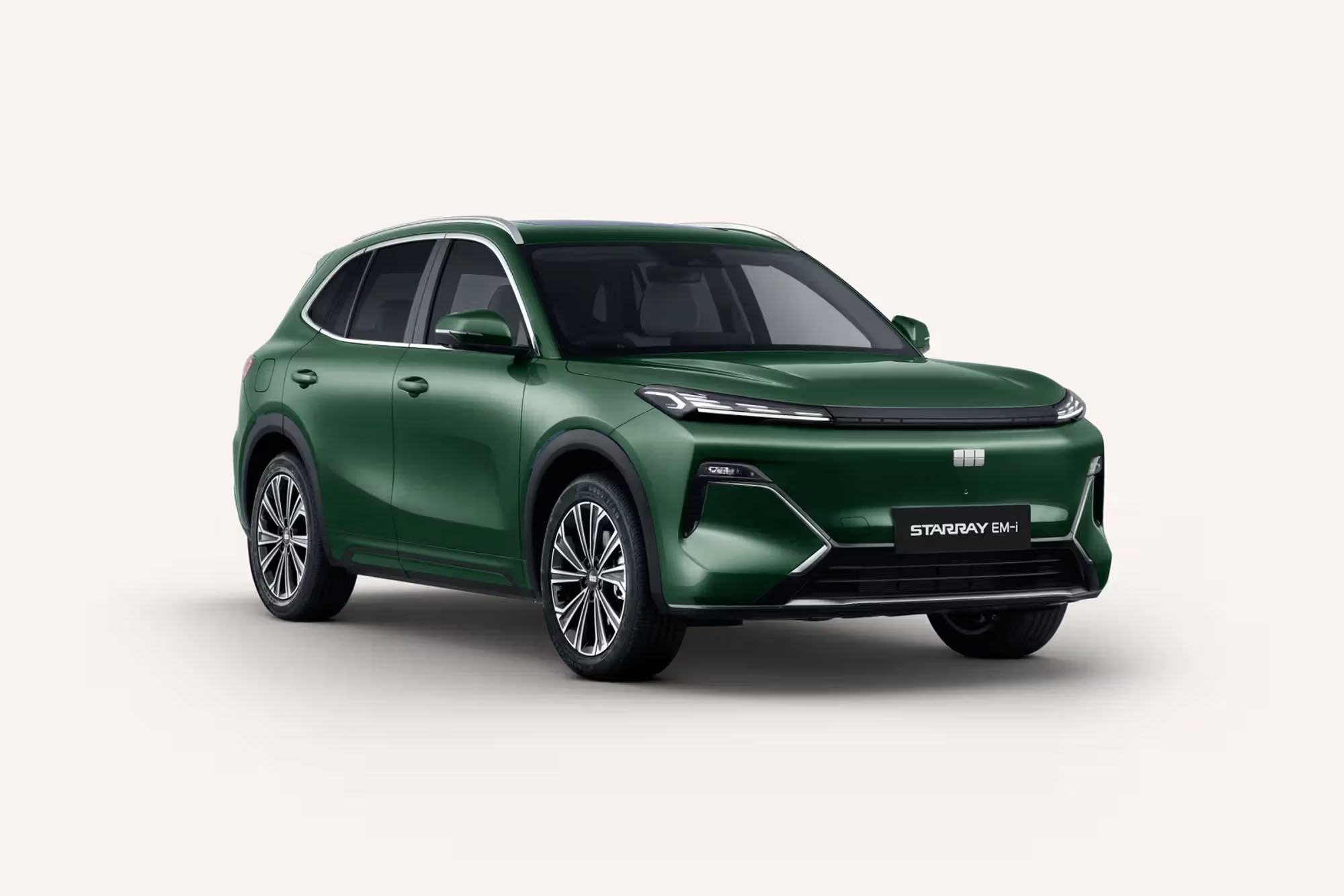 Front 3/4 render of a Geely with a Jungle Green paint finish