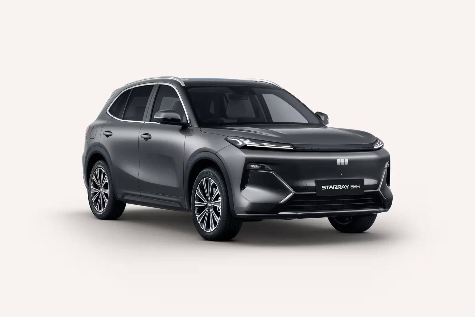 Front 3/4 render of a Geely with a Storm Grey paint finish