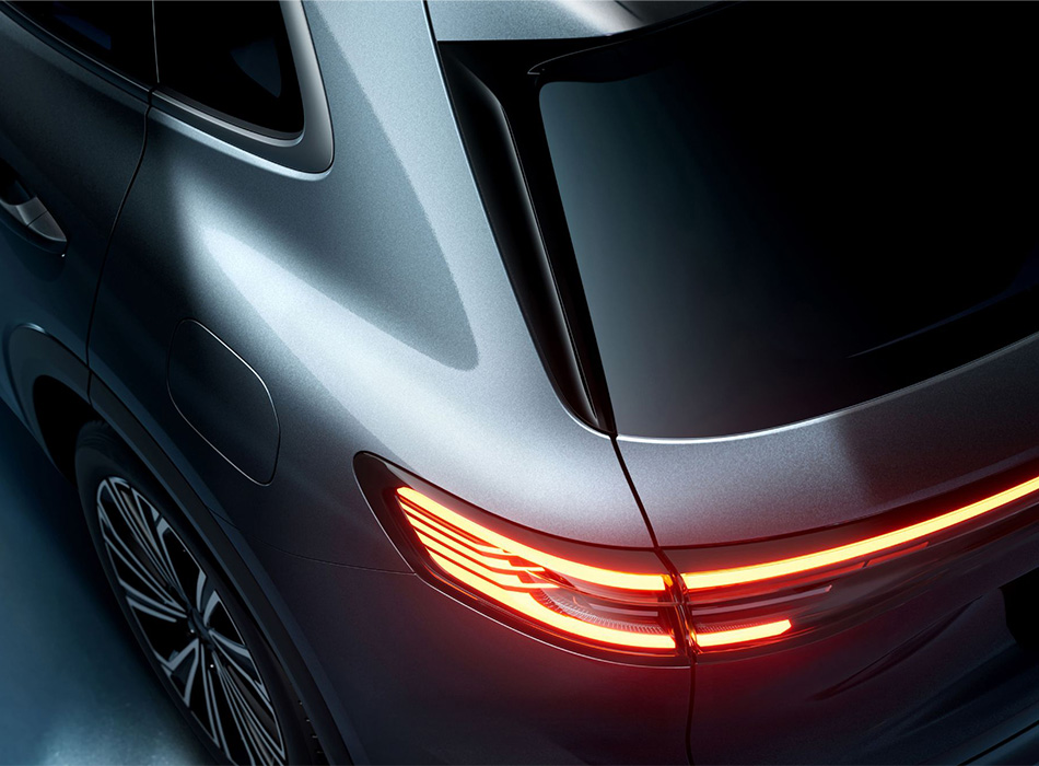 High angle of a rear tail light on a Geely SUV