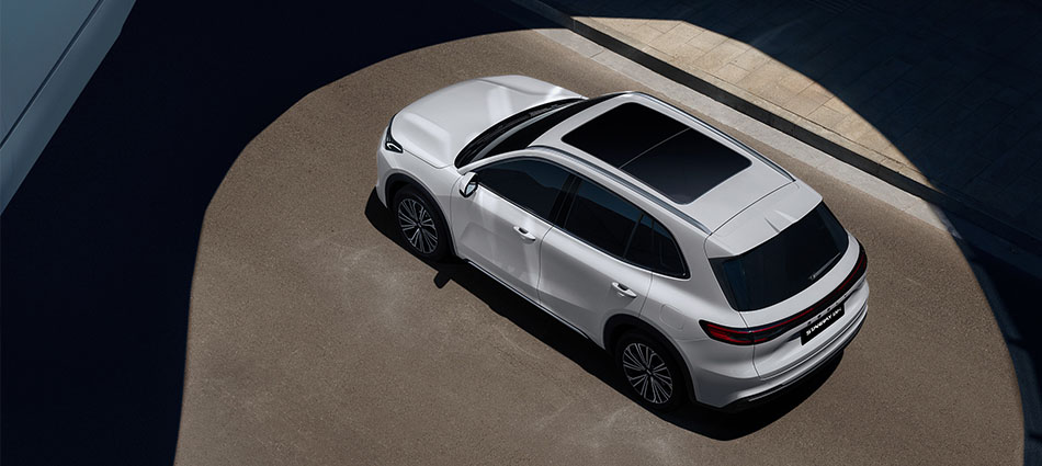 High angle view of a white suv with sunroof